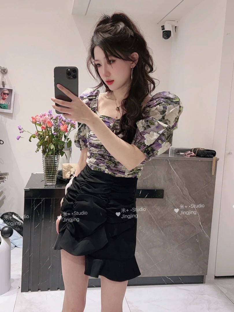 Mi+【半夏花开】超美花色棉质褶皱两穿领显瘦上衣