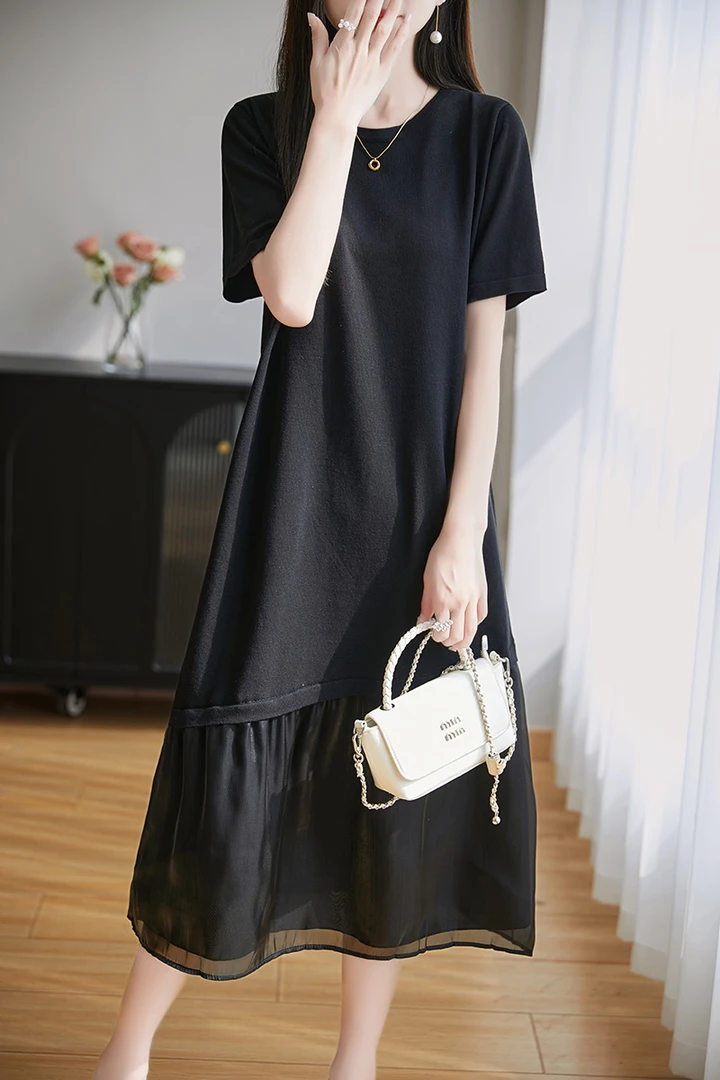 春夏新款针织拼纱半袖长裙圆领女士休闲时尚连衣裙