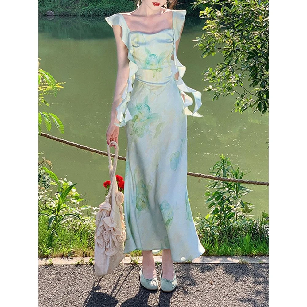 法式复古印花荡领缎面吊带连衣裙女夏立体设计高级感轻奢小众长裙