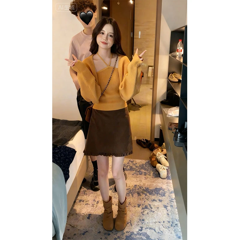 时尚穿搭女士秋季挂脖吊带长袖罩衫外套小个子针织两件套上衣短裙