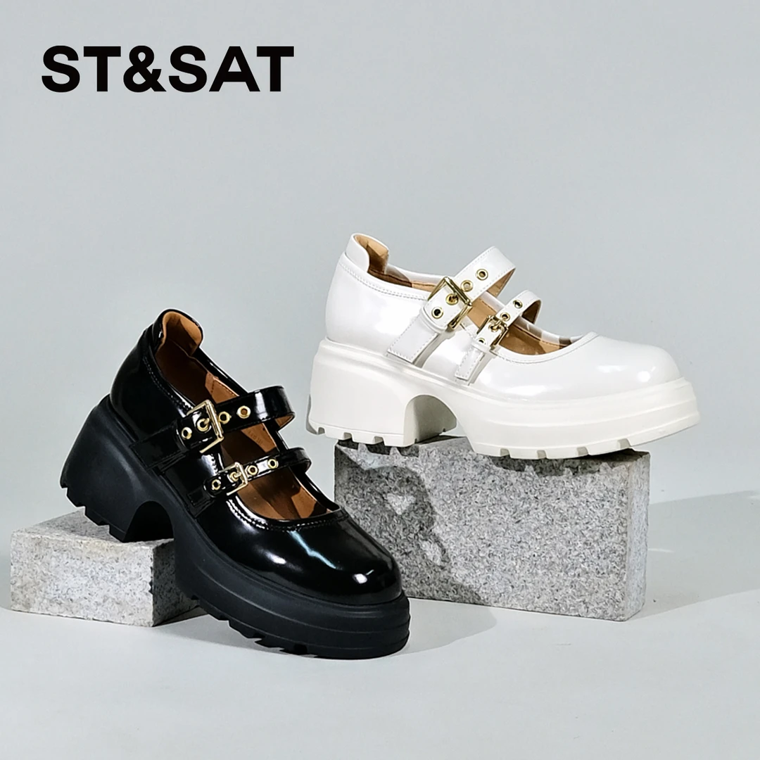 星期六夏季新款粗跟一字式扣带复古圆头乐福系列女鞋1B1H