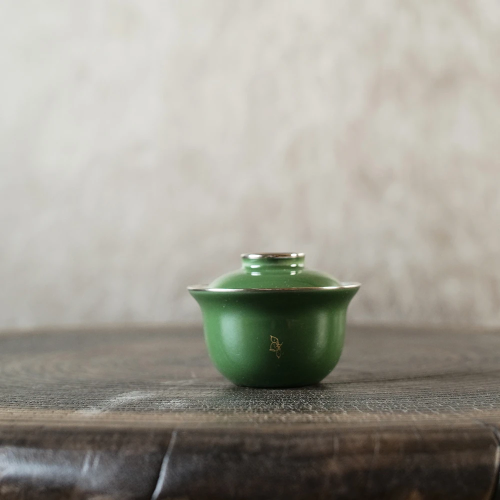 华隐堂石绿纯色若深盖碗 景德镇复古茶具