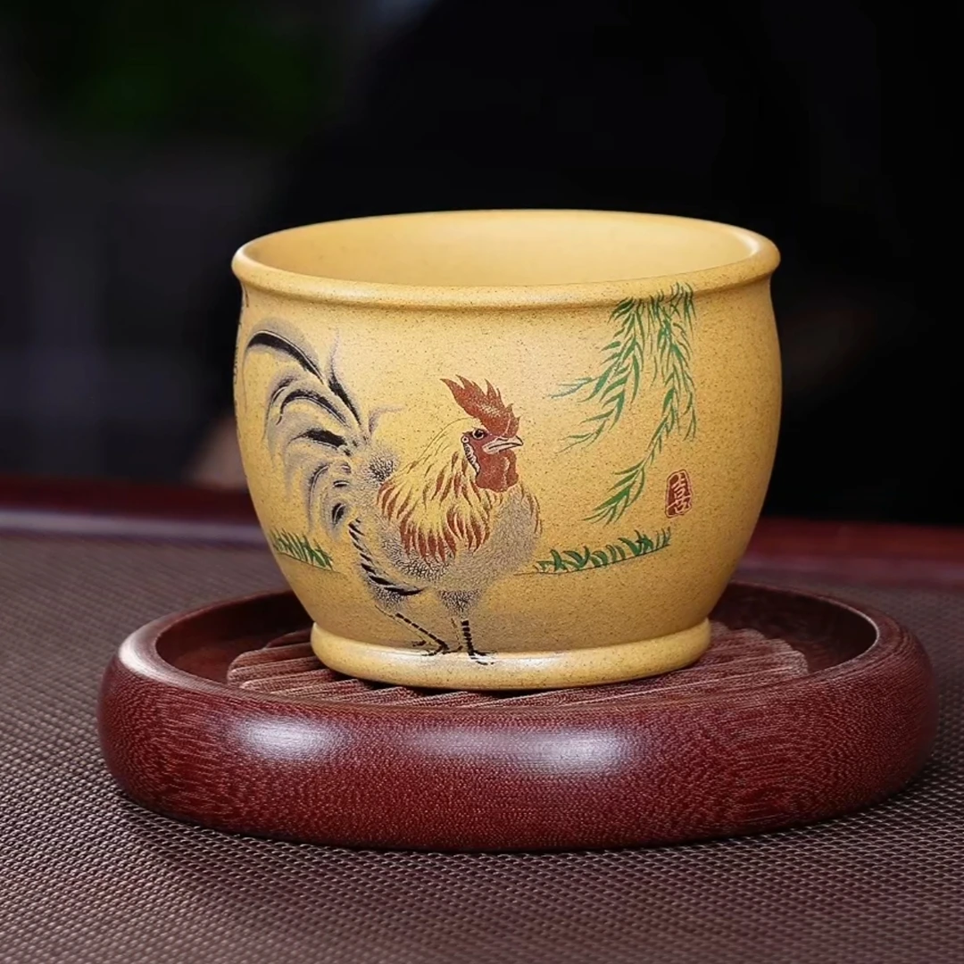 宜兴原矿紫砂主人杯 黄金段 珐琅彩 金鸡报喜