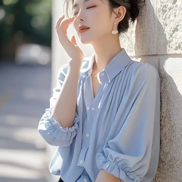 SS586超好看的夏天设计感气质蓝色衬衫法式高级小众不撞款上衣