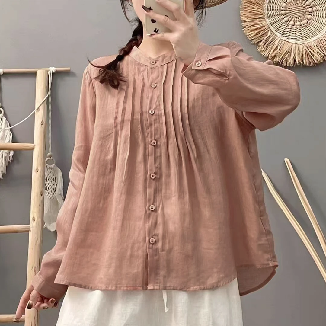 春季款女士100%苎麻衬衫纯色长袖文艺风上衣宽松显瘦2510时尚百搭