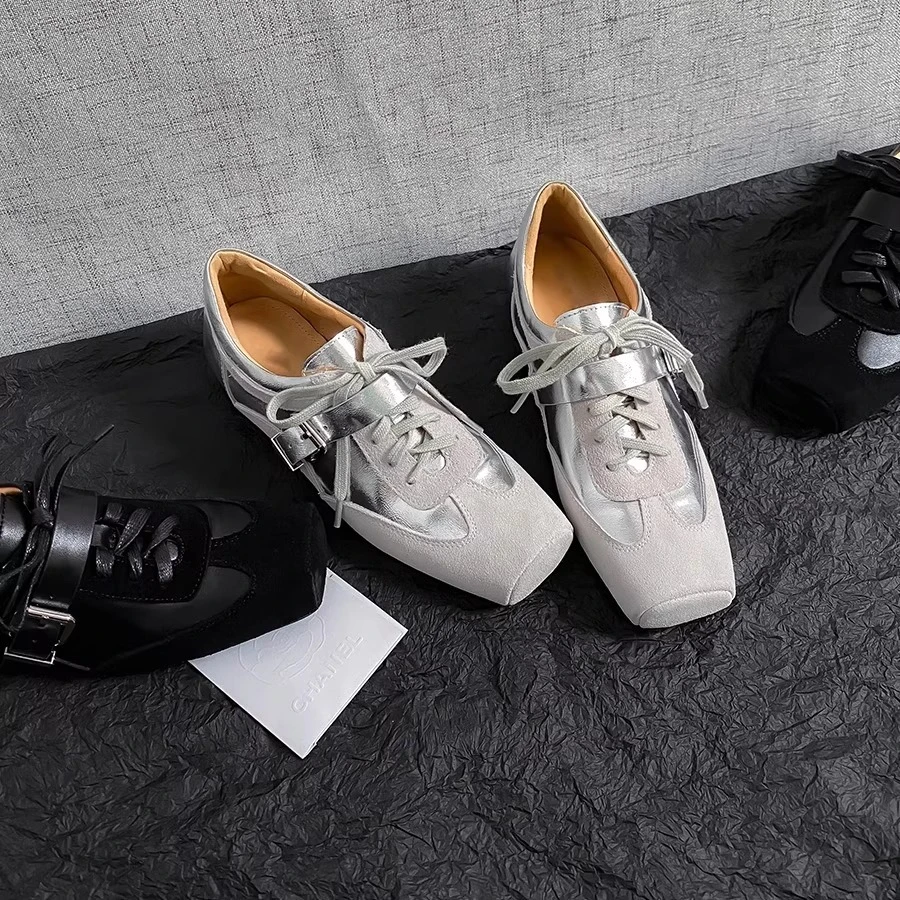 羊皮版~设计感小皮鞋女复古磨砂皮百搭芭蕾舞鞋系带皮带扣德训鞋