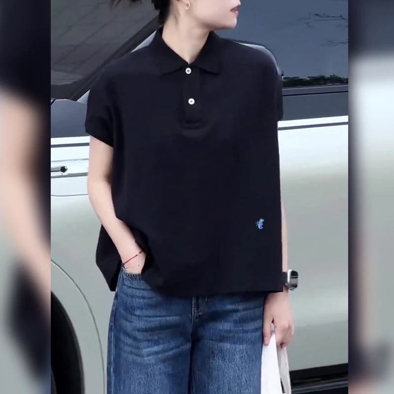 极简风时尚气质藏青色上衣2025夏季款设计感领半系扣短袖恤
