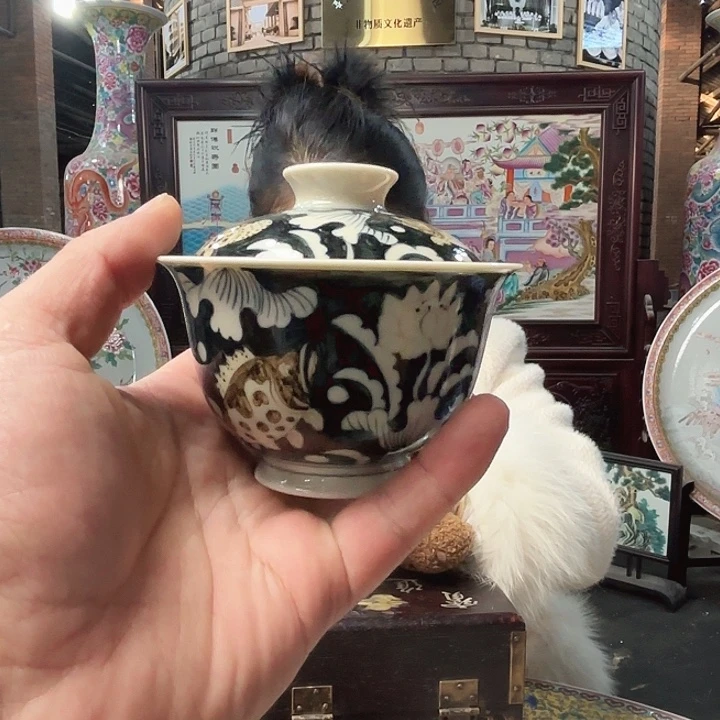 摆件陶景德镇高温黄希希两才盖碗