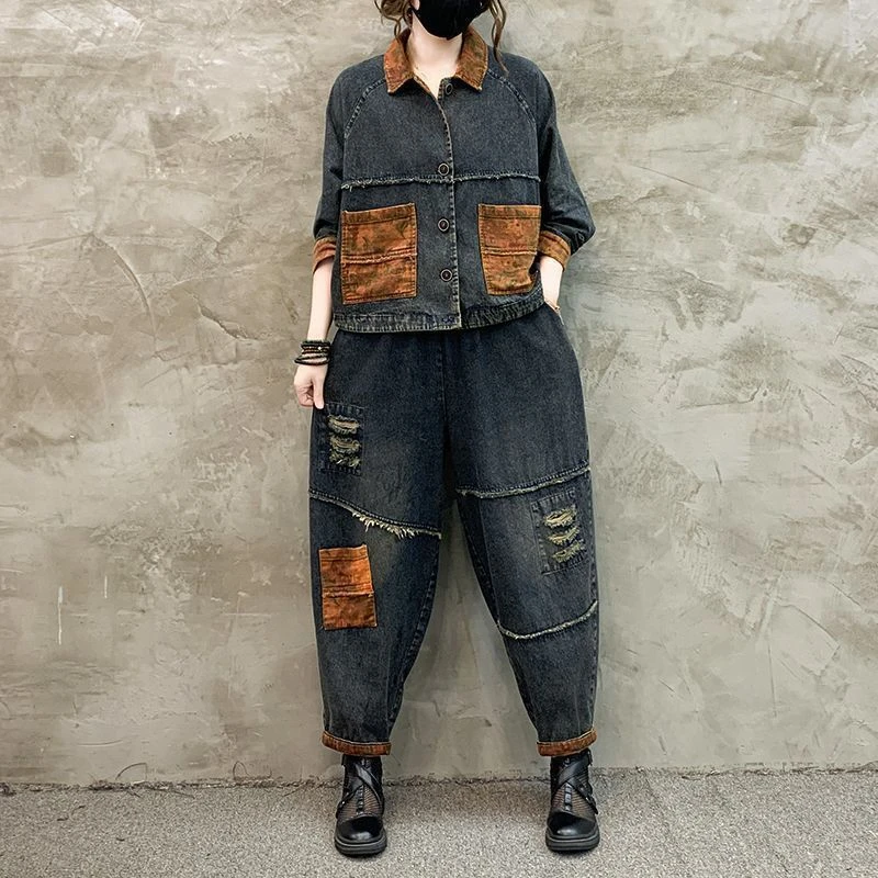 哥弟阿玛施正品2025新款春秋文艺复古炒色牛仔外套哈伦裤套装宽松