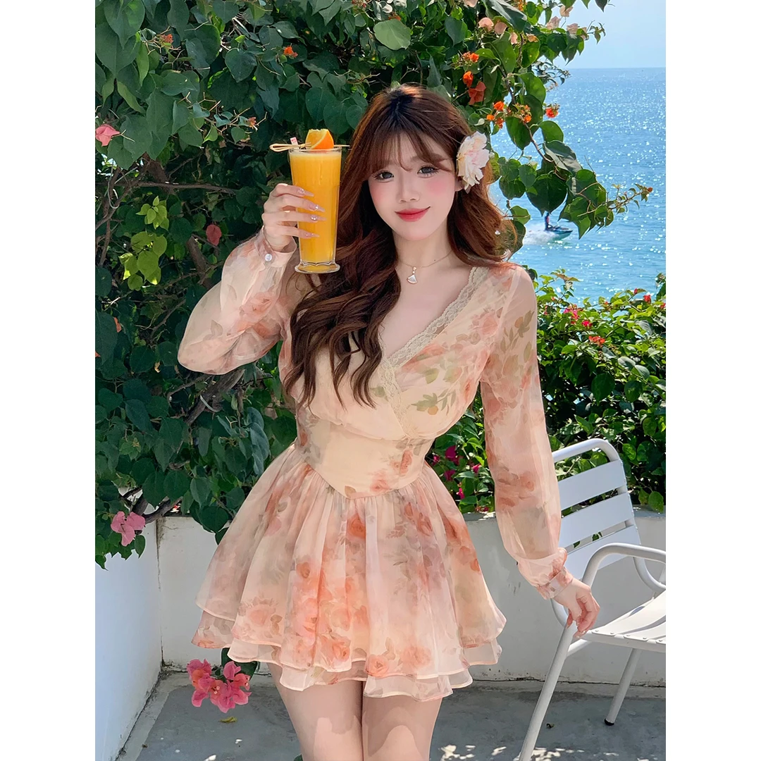 MengFairy清清【橘调花海】法式生日碎花度假风气质收腰连衣裙4977M