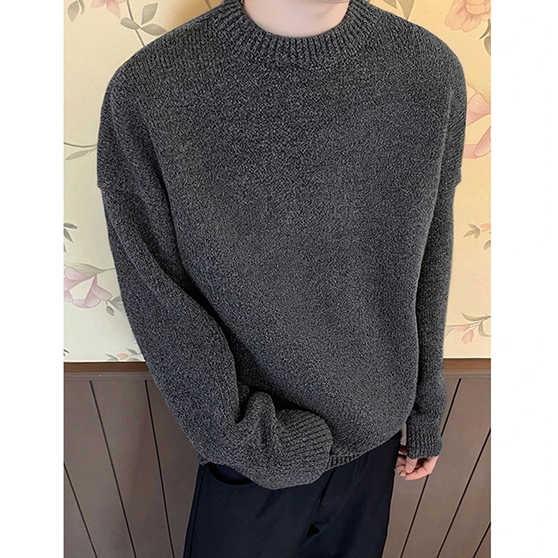 深灰色圆领毛衣男款痞帅高级感重磅针织衫老钱风穿搭美式复古外套