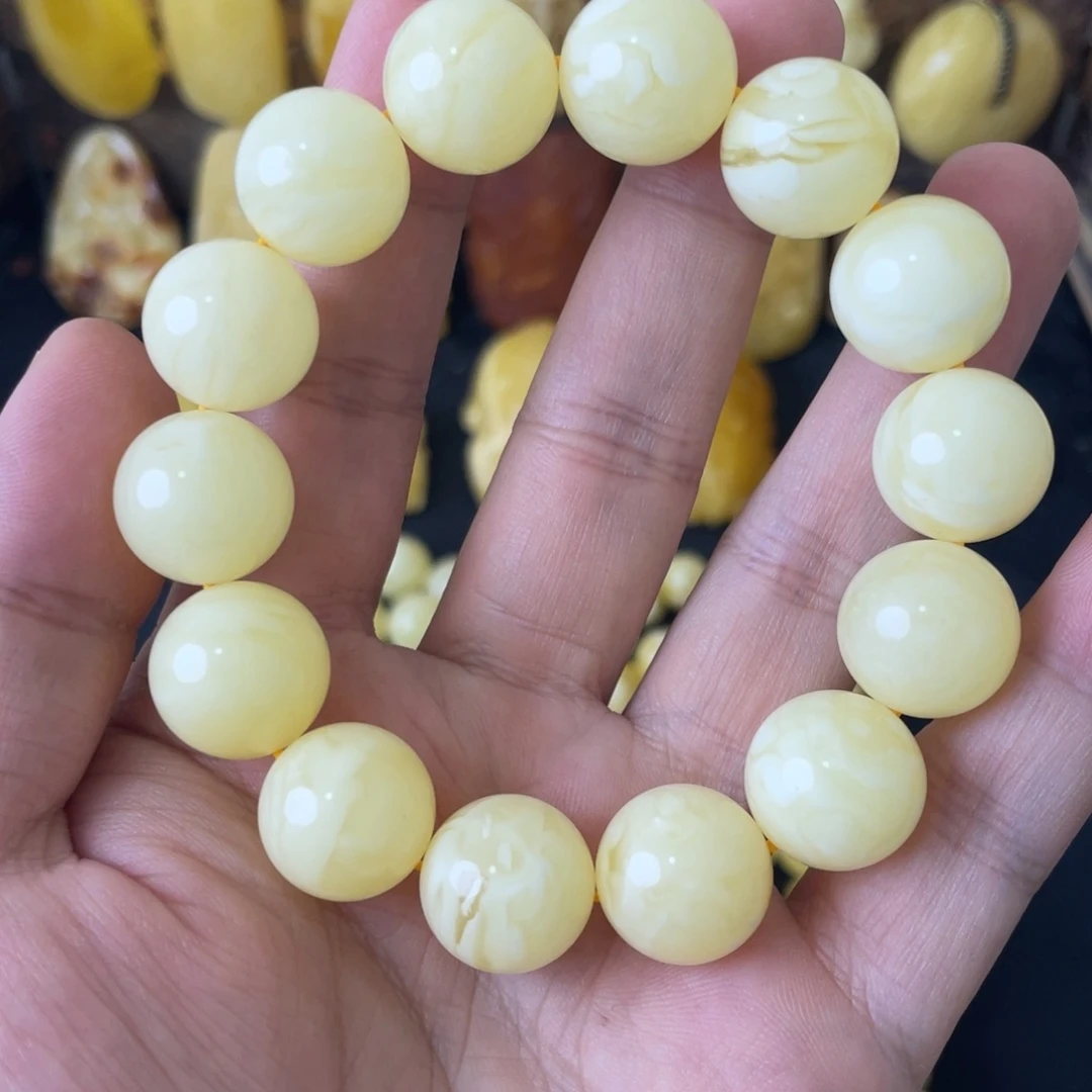 琥珀未镶嵌手串16+俄料白花蜡圆珠手串