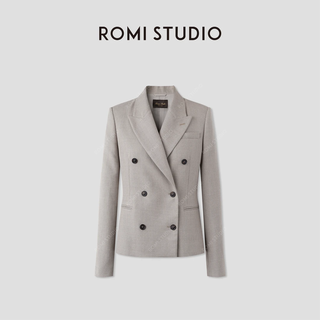 ROMI STUDIO“复古端庄”羊毛混纺柔软翻驳领双排扣西装 RWCSWD3798