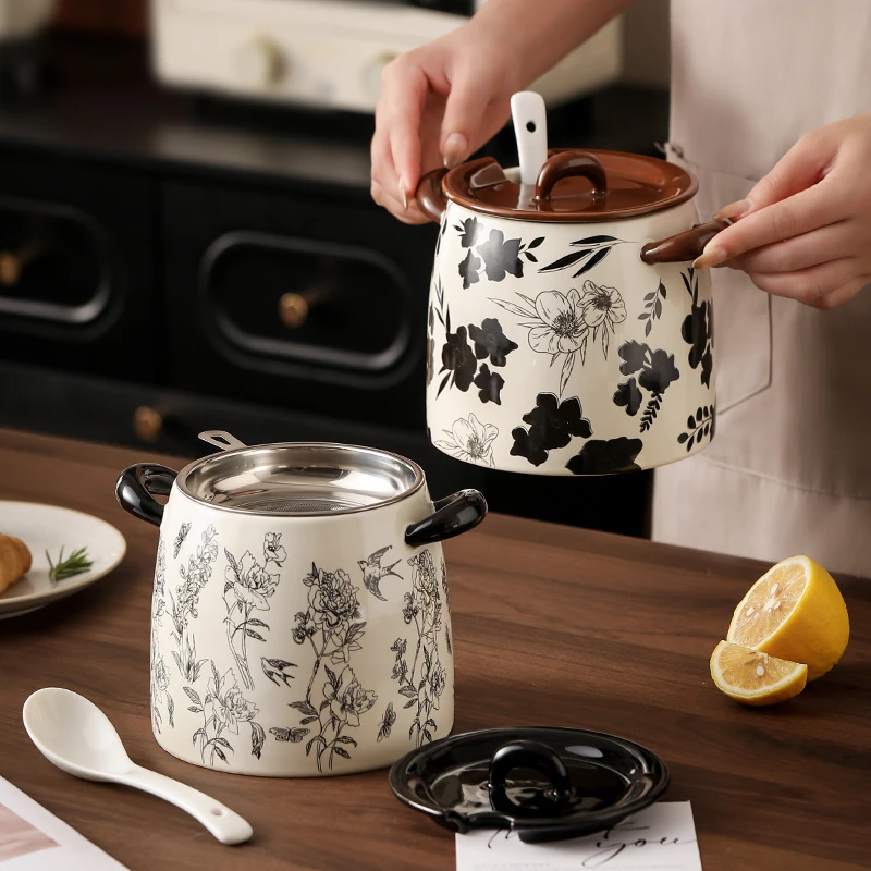 大号猪油罐老式釉下彩家用带盖耐高温调料盒罐瓶厨房辣椒