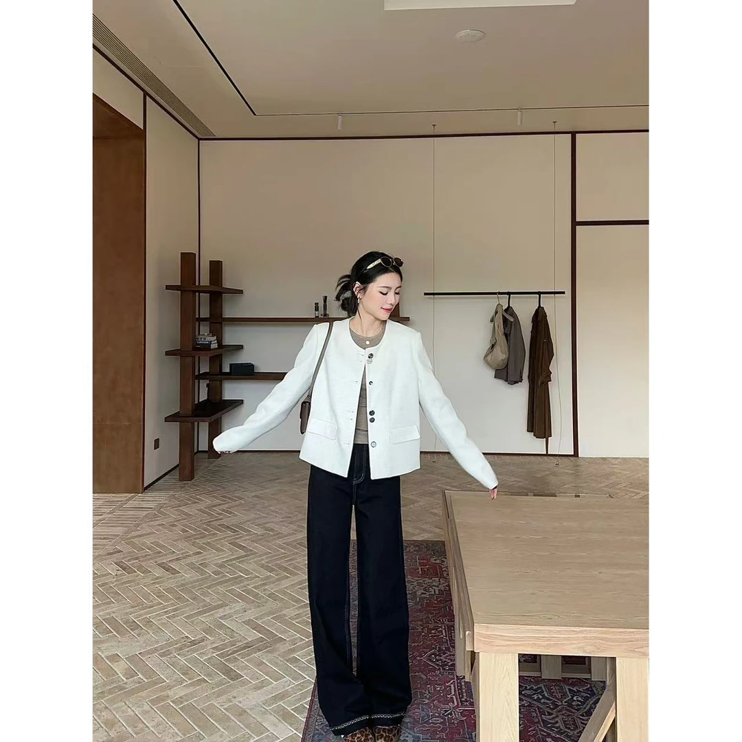 48h【高颜值神裤】加长高腰刺绣花边深色宽松直筒阔腿牛仔裤 25193