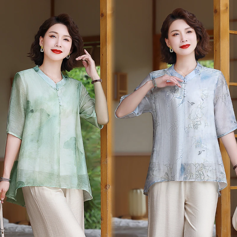 新中式薄款中老年女装春风雅韵上衣复古盘扣夏装妈妈装时尚小衫