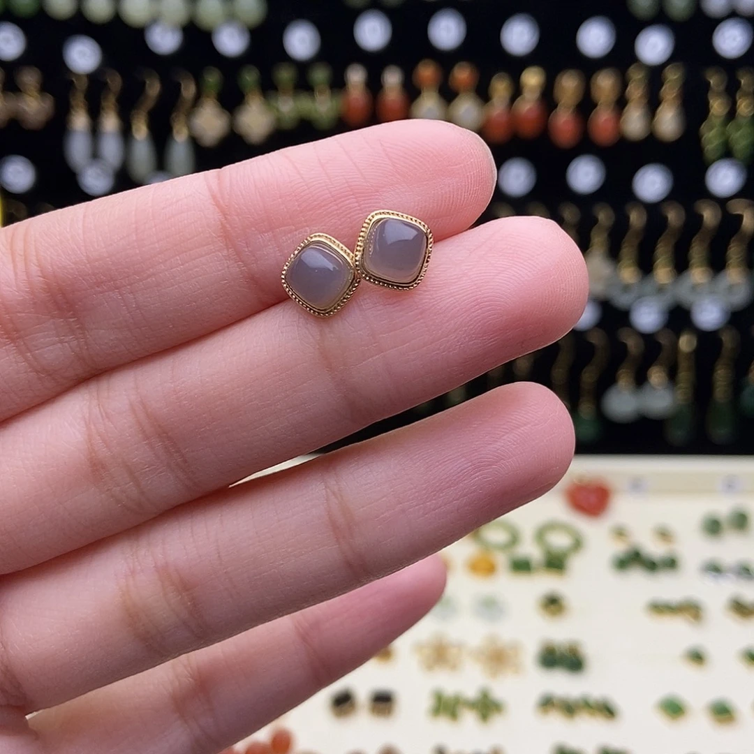 和田玉银S925镀金镶嵌耳饰