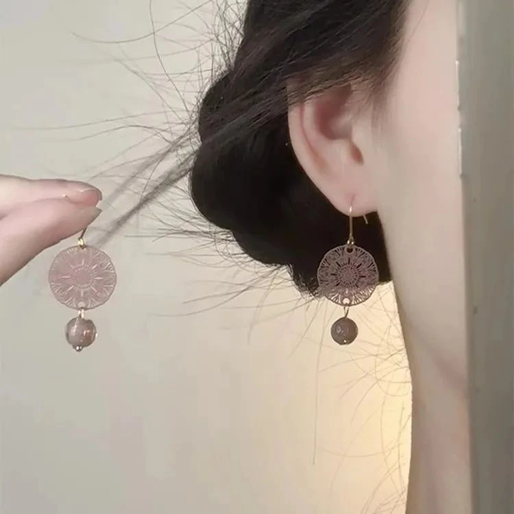 新中式粉紫色镂空窗花耳环女复古清冷感甜美豆豆流苏耳饰2025新款