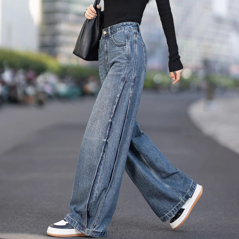 美式拼接阔腿牛仔裤女2025新款秋季裤子设计感直筒弯刀裤高腰显瘦