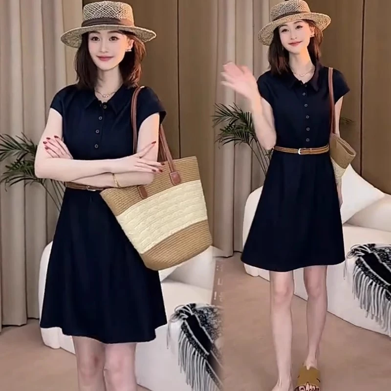 时尚连衣裙女2025夏季新款洋气显瘦设计感短袖衬衫中长款裙子
