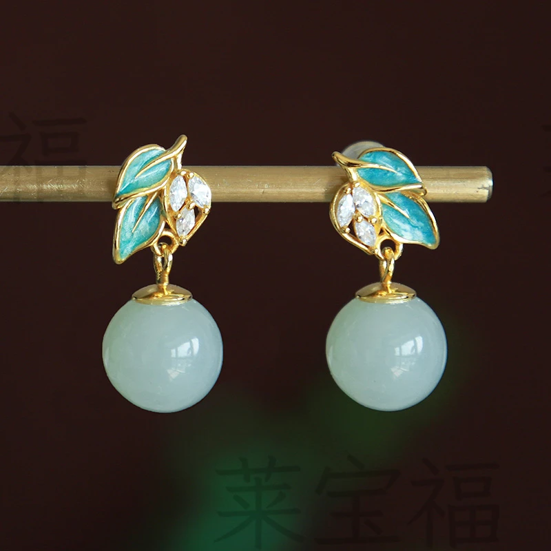 天然和田玉珐琅圆珠耳坠女 小巧时尚灵动玉坠耳环 925银防过敏