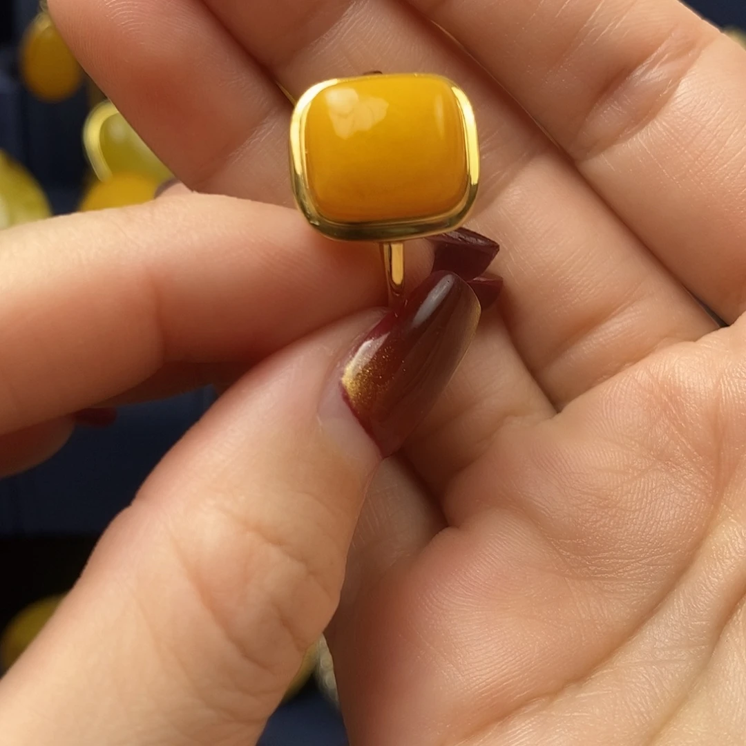 蜜蜡戒指银S925镀金镶嵌