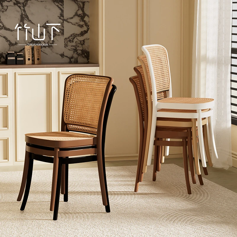 餐椅家用简约藤编餐桌椅子轻奢高级中古风靠背椅餐厅可叠放吃饭椅