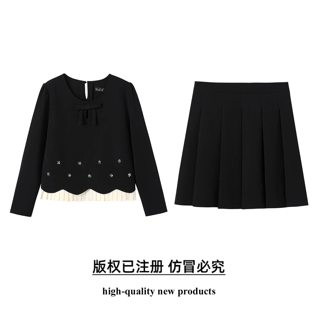 【奢姿】大码女2025秋季胖妹妹时尚蕾丝领外套百褶裙两件套装