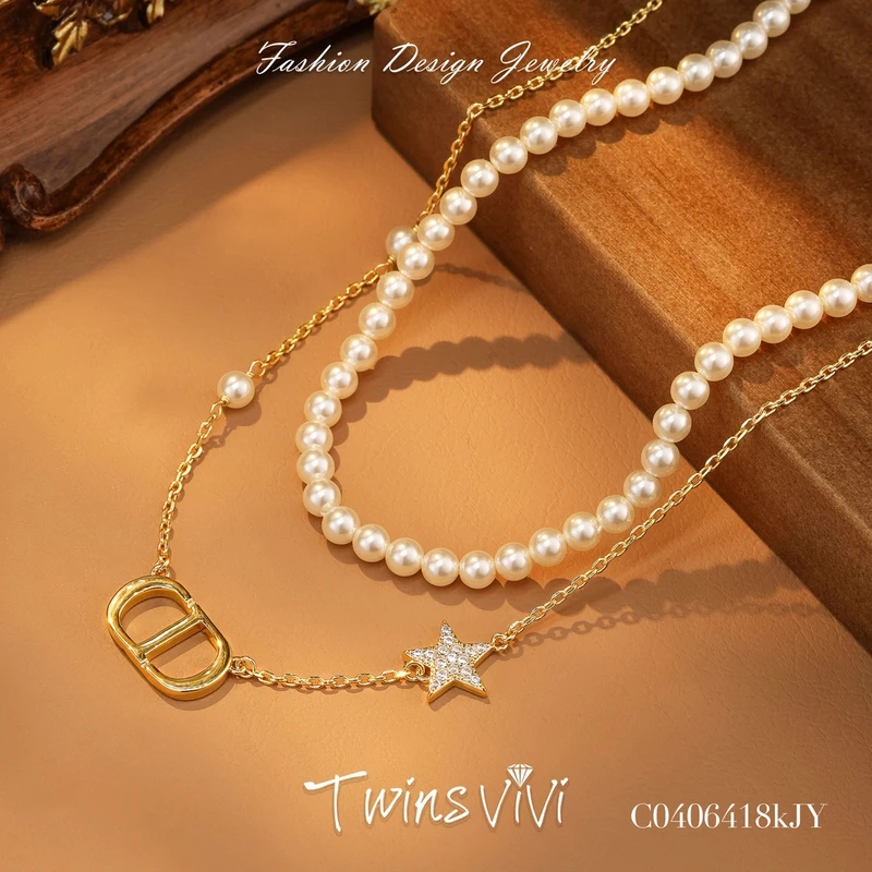 TWINS VIVI 铜合金仿珍珠项链 镀k金 猪鼻星星项链/A04064