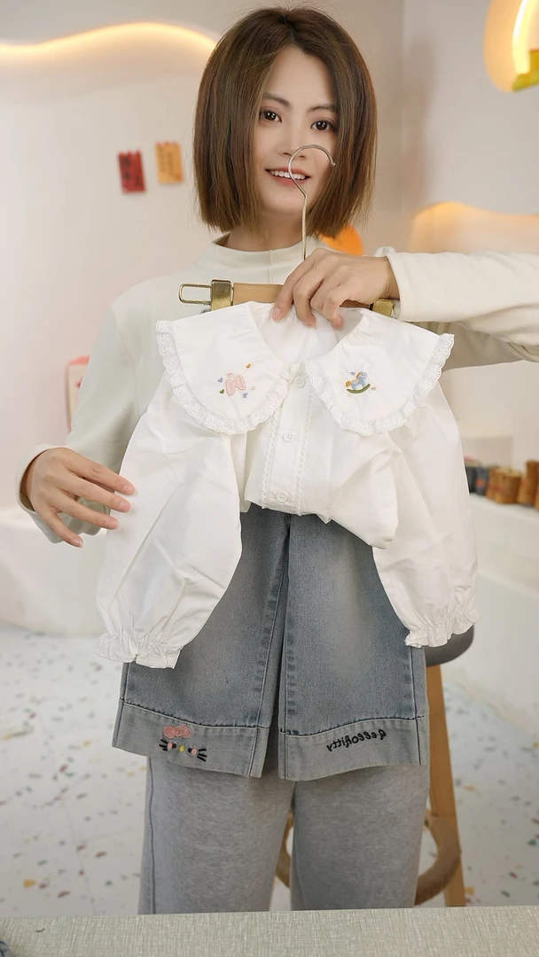 SC004女童春季翻领刺绣衬衣牛仔裤套装