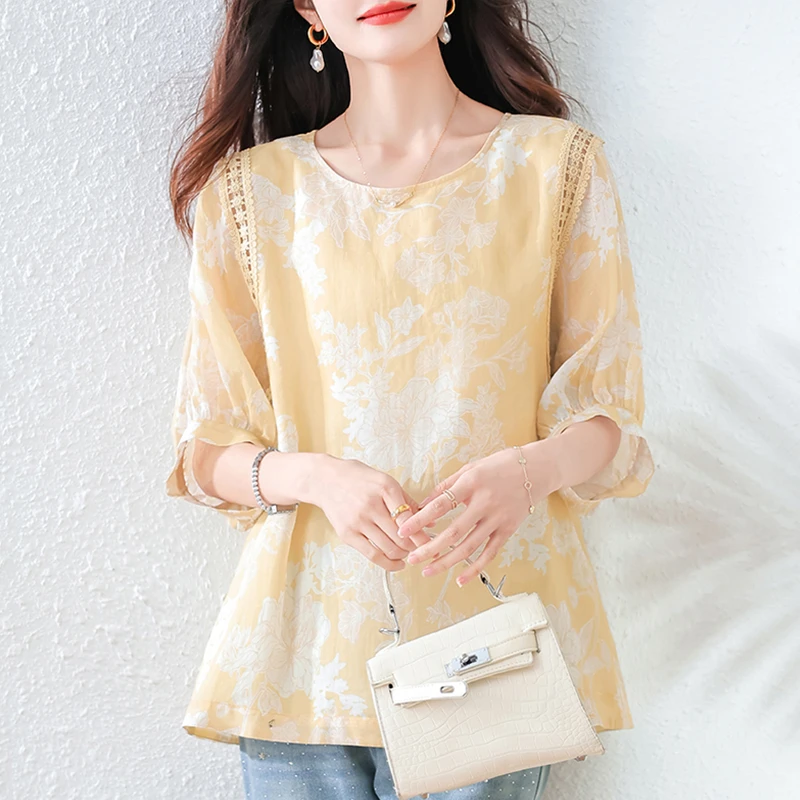 时尚印花短袖T恤女士2025夏季新款宽松镂空蕾丝上衣洋气减龄小衫