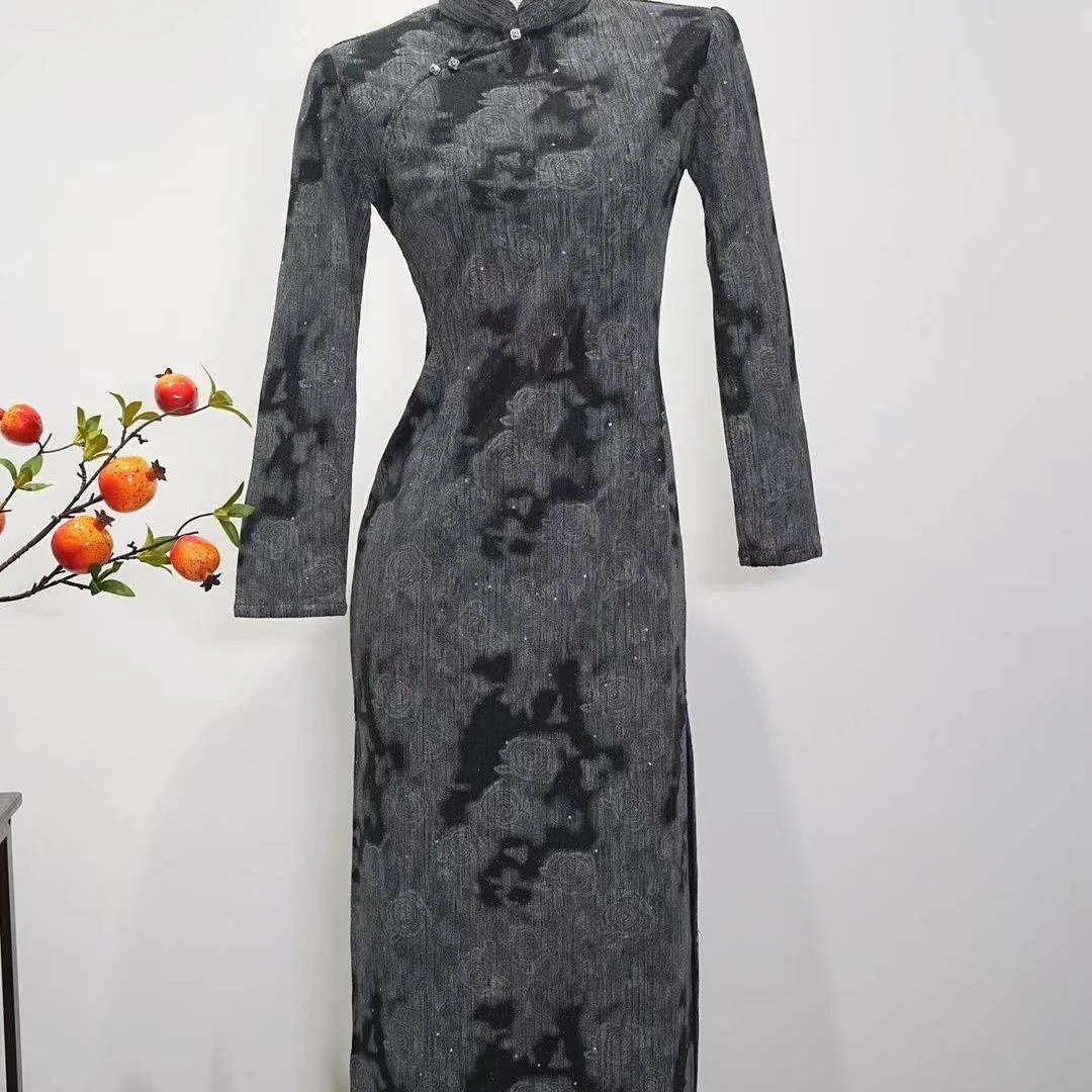 〖经典高贵〗灰色玫瑰网红时尚气质长袖显瘦复古提花中国风苏州旗袍