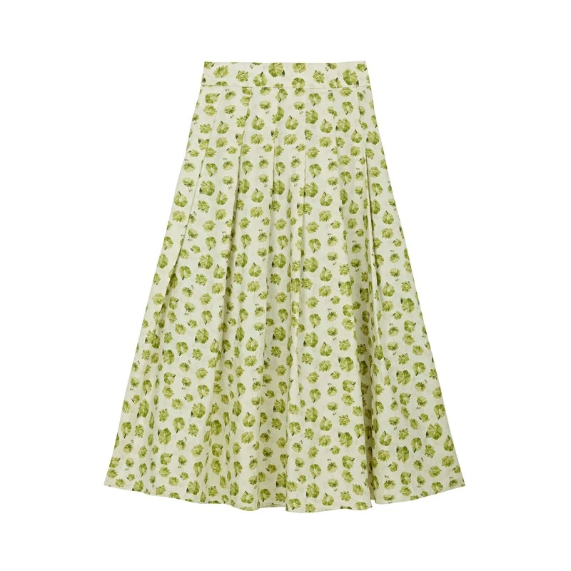 sdeer圣迪奥女装时尚小清新高腰印花百褶A字长裙伞裙S24281101