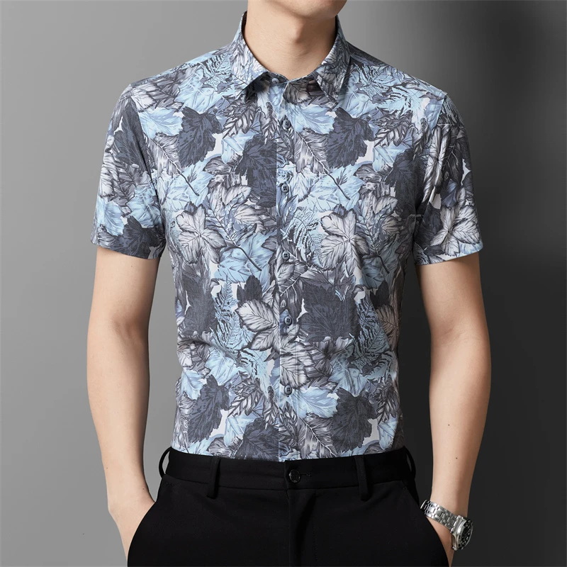 老爷车衬衣男装短袖夏季设计感竹纤维印花高档时尚休闲薄款花衬衫