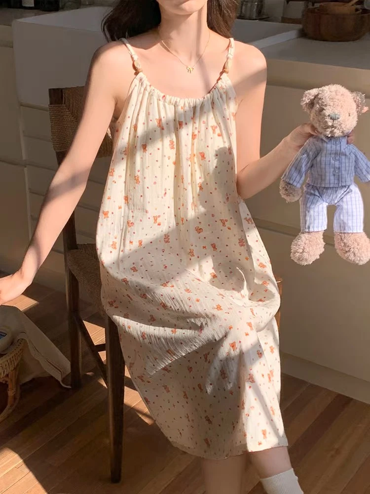 睡裙裙子吊带粉色蝴蝶结睡衣性感薄款甜美夏天碎花