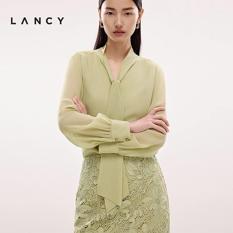 【100%桑蚕丝】LANCY/朗姿2025年夏新款法式飘带长袖真丝衬衫女