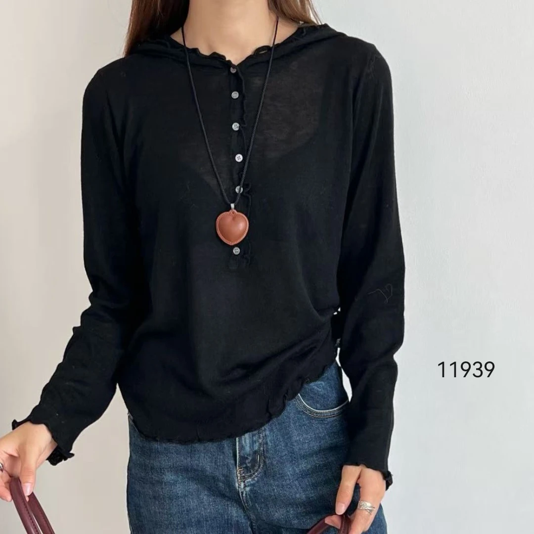 11939（部分无水洗唛，介意慎拍）WANGDAN新款半开木耳边帽衫