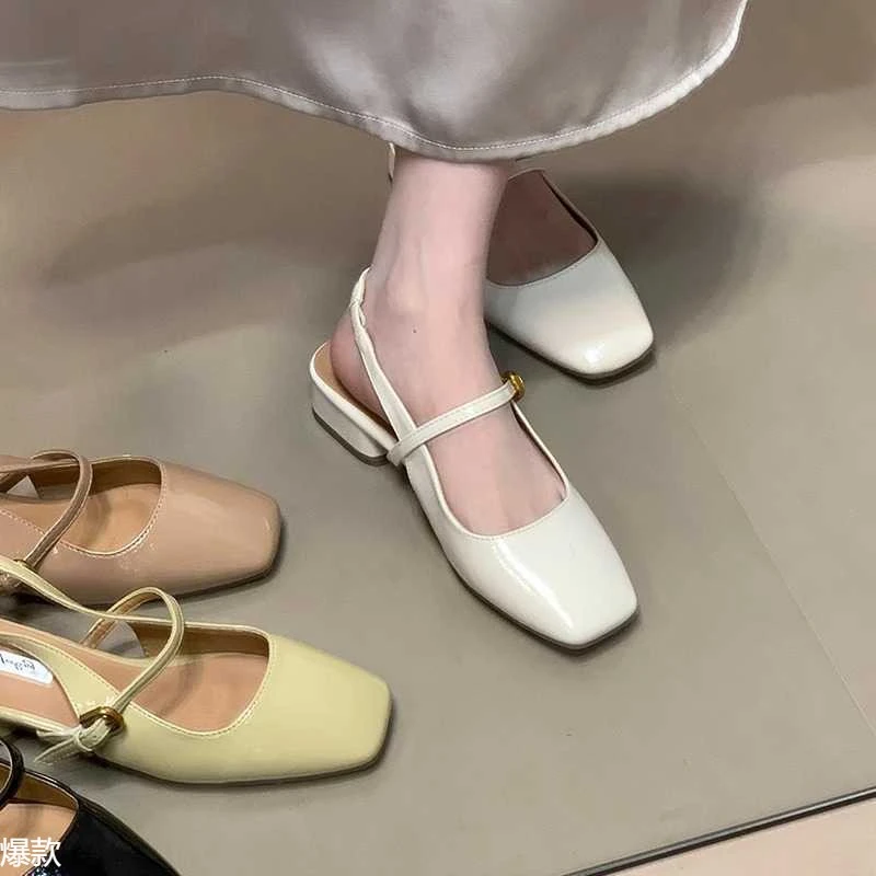 法式粗跟包头凉鞋女2025春季新款网红气质仙女风漆皮方头浅口单鞋