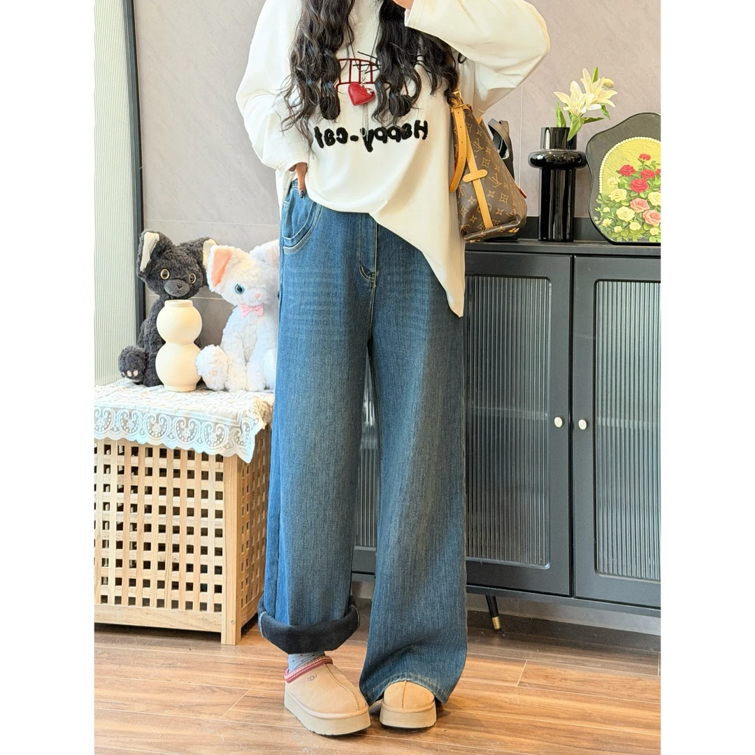 花契“暖冬愿望”大码女装冬季宽松200斤胖mm复古水洗牛仔裤15955-H