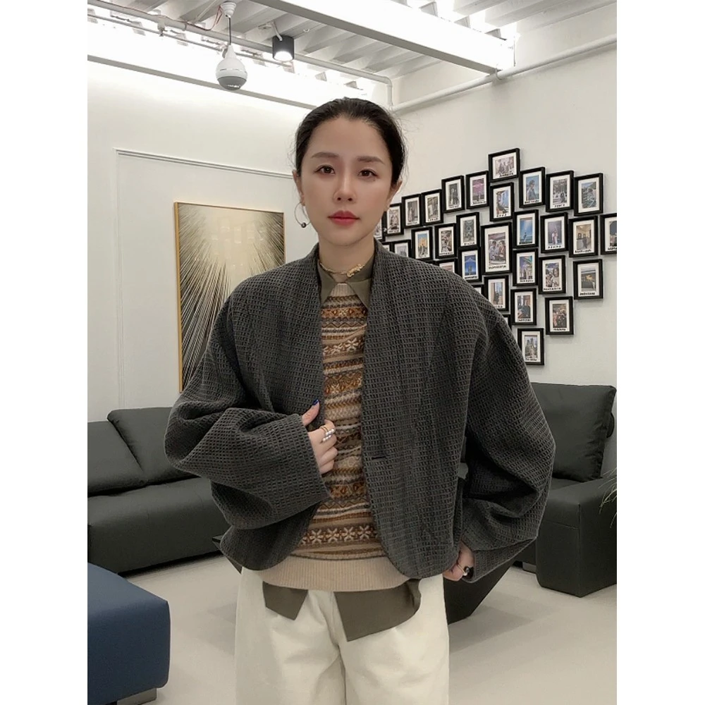 Y【叭哒不惑】叙事 棉复古华夫格长袖外套V领宽松百搭上衣