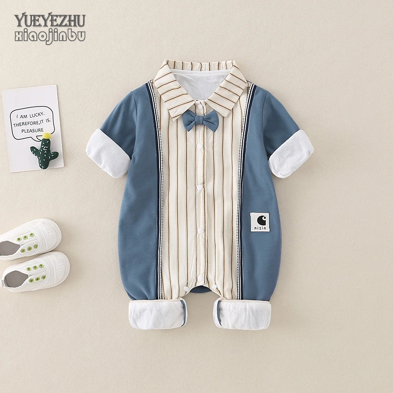 婴儿秋装连体衣男宝宝衣服春秋季韩版洋气领结哈衣爬服外出新生儿