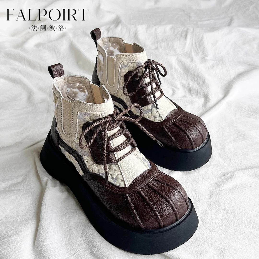 FALPOIRT贝壳马丁靴女真皮轻奢夏厚底增高学院风短靴蕾丝网纱透气