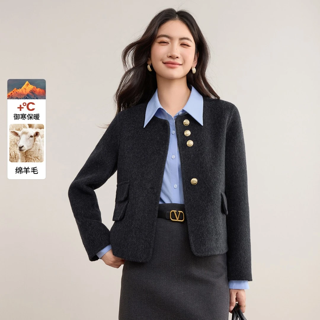 尚都比拉狂欢季好物冬日服饰女厚保暖短款绵羊毛双面呢大衣F8771