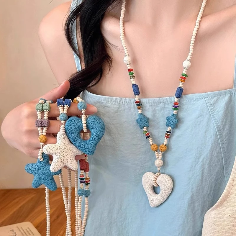 钛钢项链 多巴胺串珠爱心项链小众设计感海星锁骨链海边长款配饰