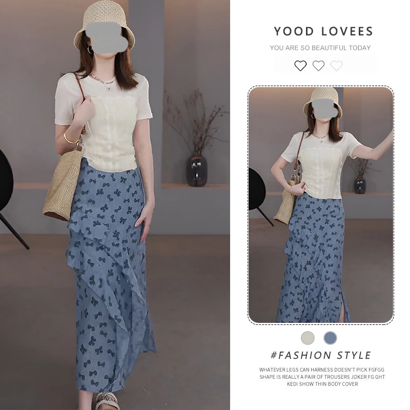 夏日绝美巨好看套装小香风拼接假两件T恤蝴蝶结印花半身裙两件套