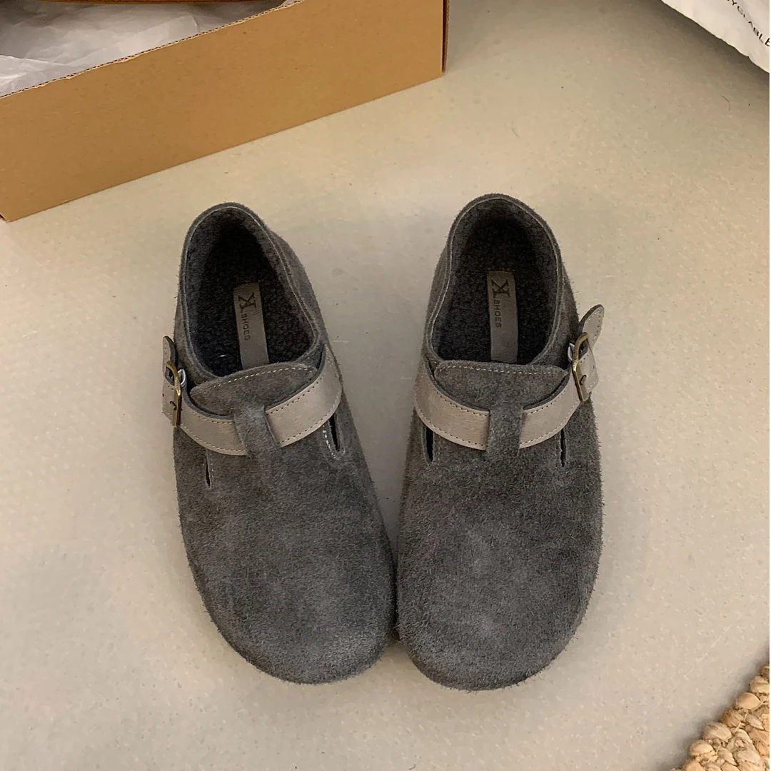 2025秋冬加绒保暖小土豆单鞋皮扣带复古休闲懒人全包舒适博肯女鞋