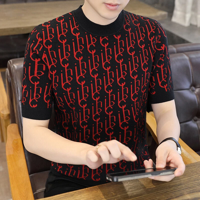 【高品质】帅气针织T恤春新款针织短袖圆领套头毛衣男时尚百搭6805