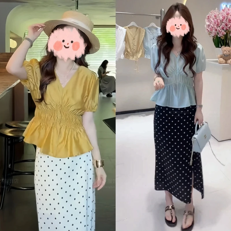 夏季新款财阀千金法式V领衬衫上衣T套装显瘦百搭半身裙洋气衣服女