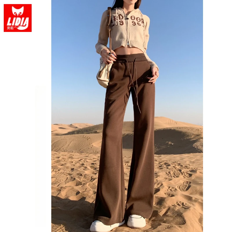 美拉德咖色高腰微喇运动卫裤女2025新款秋季修身显瘦休闲喇叭裤子