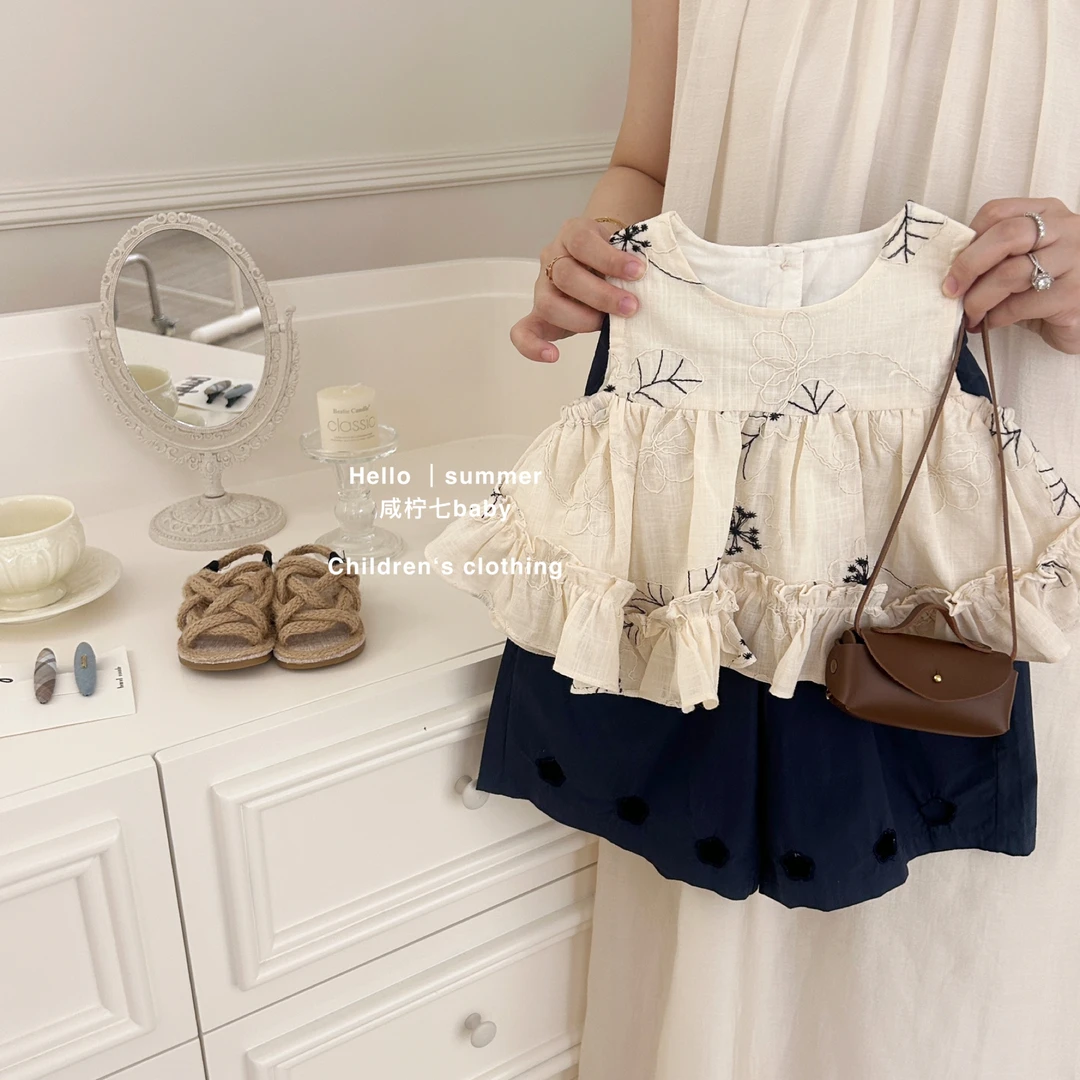 【咸柠七】原创！韩版女宝刺绣背心套装夏装洋气女童阔腿裤子两件套
